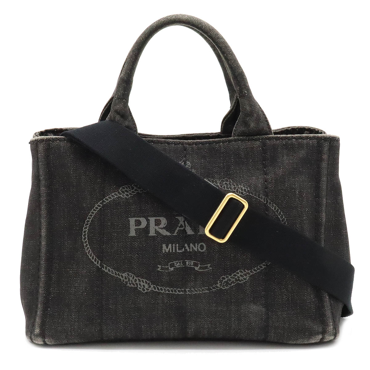 【バッグ】PRADA プラダ CANAPA カナパ トートバッグ 2WAY ショルダーバッグ デニム NERO 黒 ブラック ゴールド金具 国内ブティック購入品 B2439G 【中古】