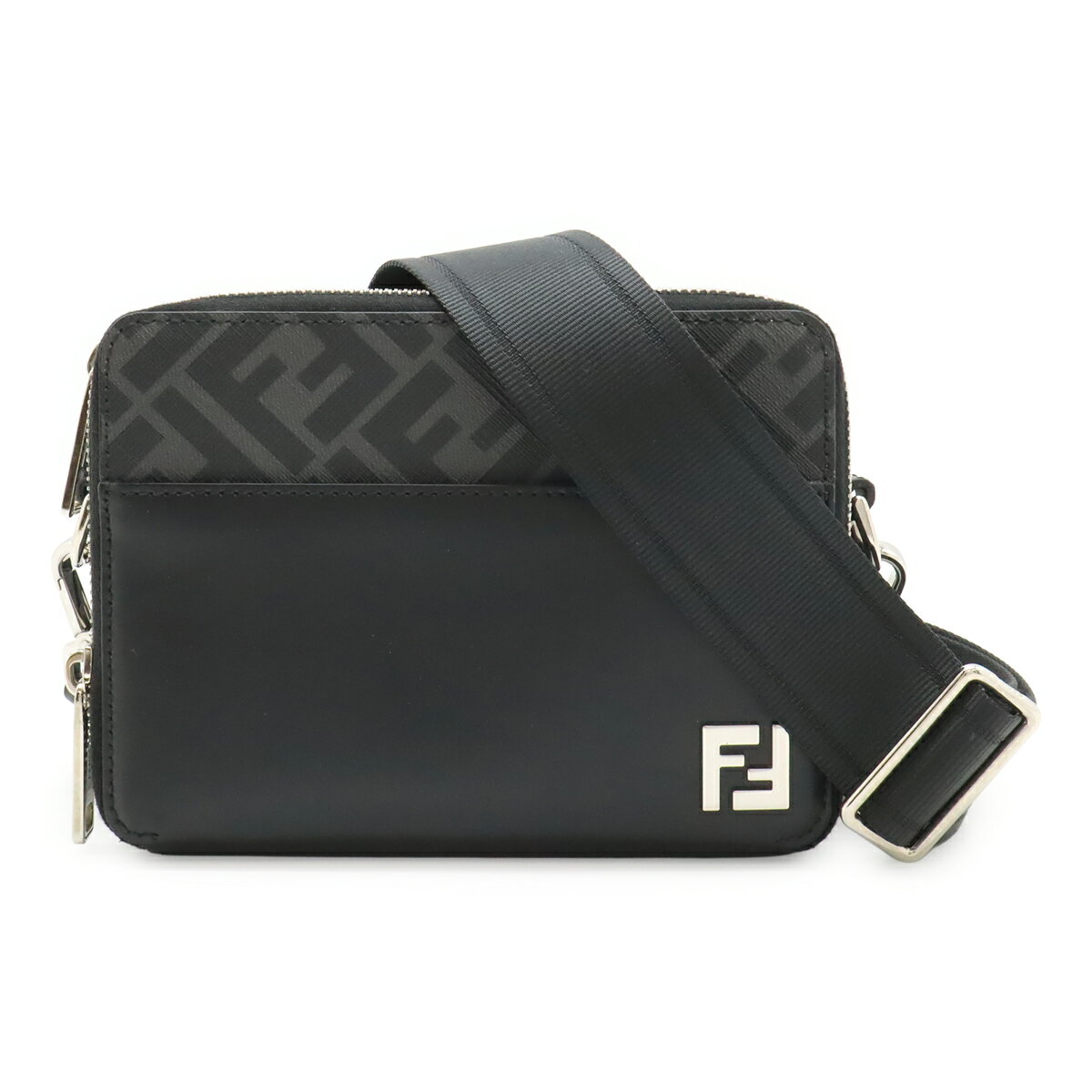 Rakuten - FENDI フェンディ スクエアFF ズッカ柄 カメラケース ショルダーバッグ 2WAY セカンドバッグ PVC レザー ブラック 黒 グレー シルバー金具 7M0357 【中古】