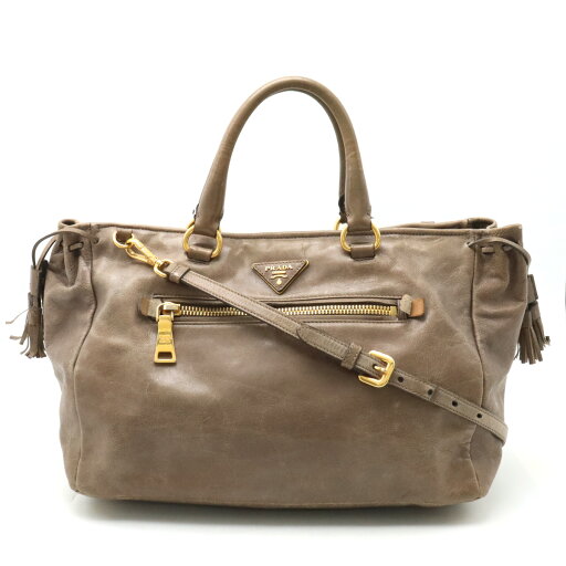 PRADA プラダ タッセル フリンジ ハンドバッグ 2WAY ショルダーバッグ 斜め掛け レザー カーキブラウン系 ゴールド金具 BN1921 【中古】 PRADA プラダ タッセル フリンジ ハンドバッグ 2WAY ショルダーバッグ 斜め掛け レザー カーキブラウン系 ゴールド金具 BN1921 【中古】