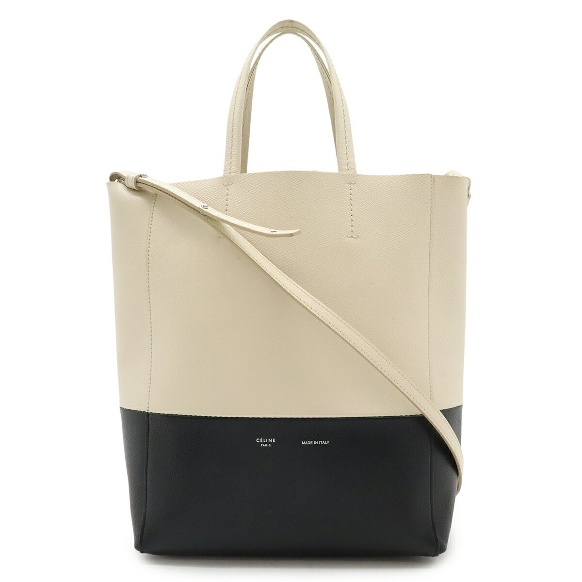 CELINE セリーヌ バーティカル カバ スモール トートバッグ 2WAY ショルダーバッグ 斜め掛け バイカラー レザー アイボリー 白 ブラック 黒 189813 【中古】