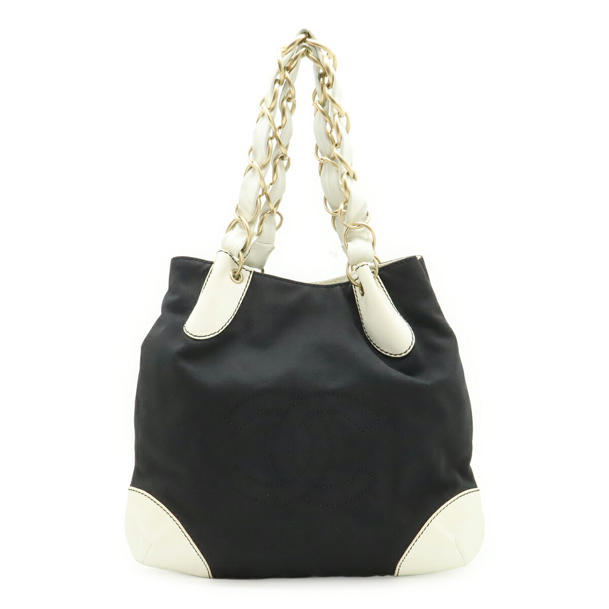 乐天商城 - CHANEL シャネル ココマーク ビッグチェーン ハンドバッグ トートバッグ ショルダー キャンバス レザー ブラック 黒 ホワイト 白 ゴールド金具 【中古】