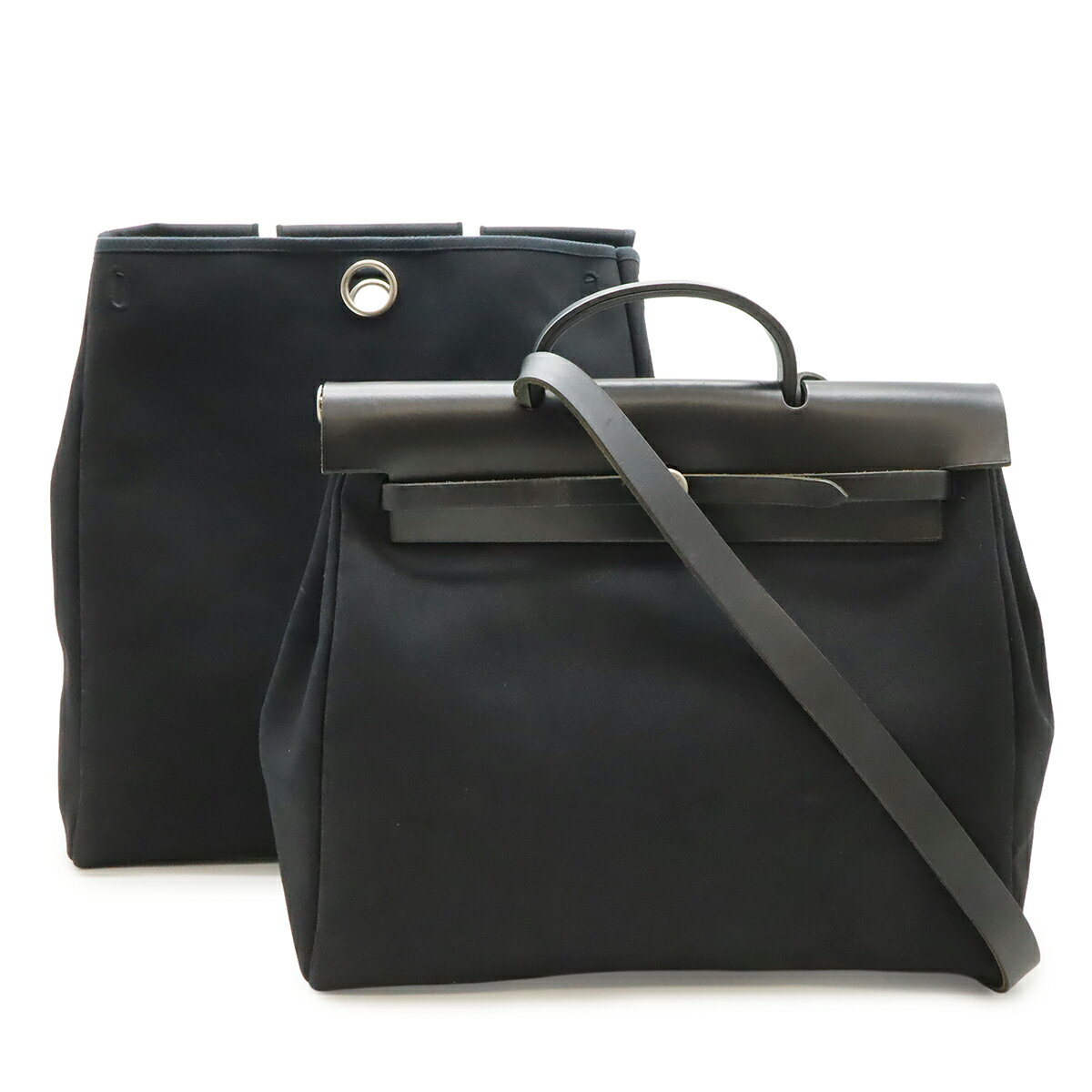 Rakuten - HERMES エルメス エールバッグMM ハンドバッグ 2WAY ショルダーバッグ 肩掛け トワルオフィシエ レザー ブラック 黒 シルバー金具 □C刻印 【中古】