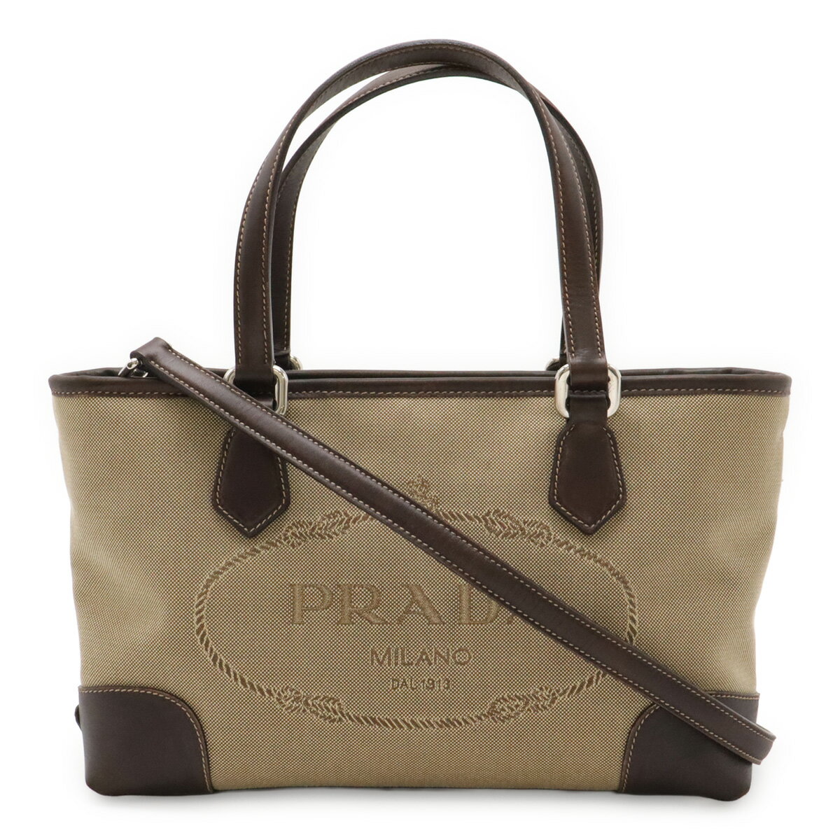 Rakuten - PRADA プラダ ロゴジャガード ハンドバッグ 2WAY ショルダーバッグ キャンバス レザー カーキベージュ ダークブラウン シルバー金具 BN1159 【中古】