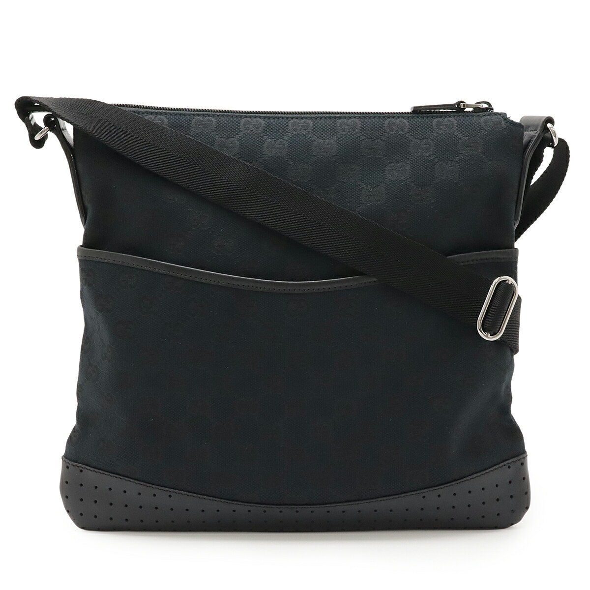 Rakuten - GUCCI グッチ GGキャンバス ショルダーバッグ メッセンジャーバッグ 斜め掛け パンチング レザー ブラック 黒 シルバー金具 145857 【中古】