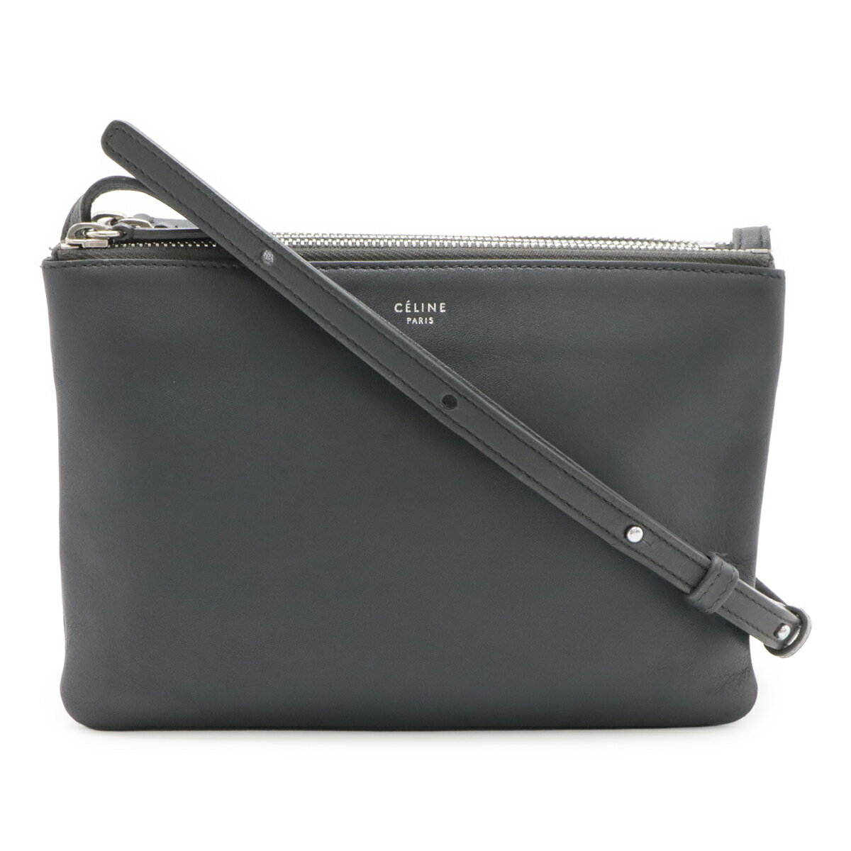 樂天商城 - CELINE セリーヌ トリオ スモール ショルダーバッグ ポシェット ポーチ レザー チャコールグレー シルバー金具 165113 【中古】