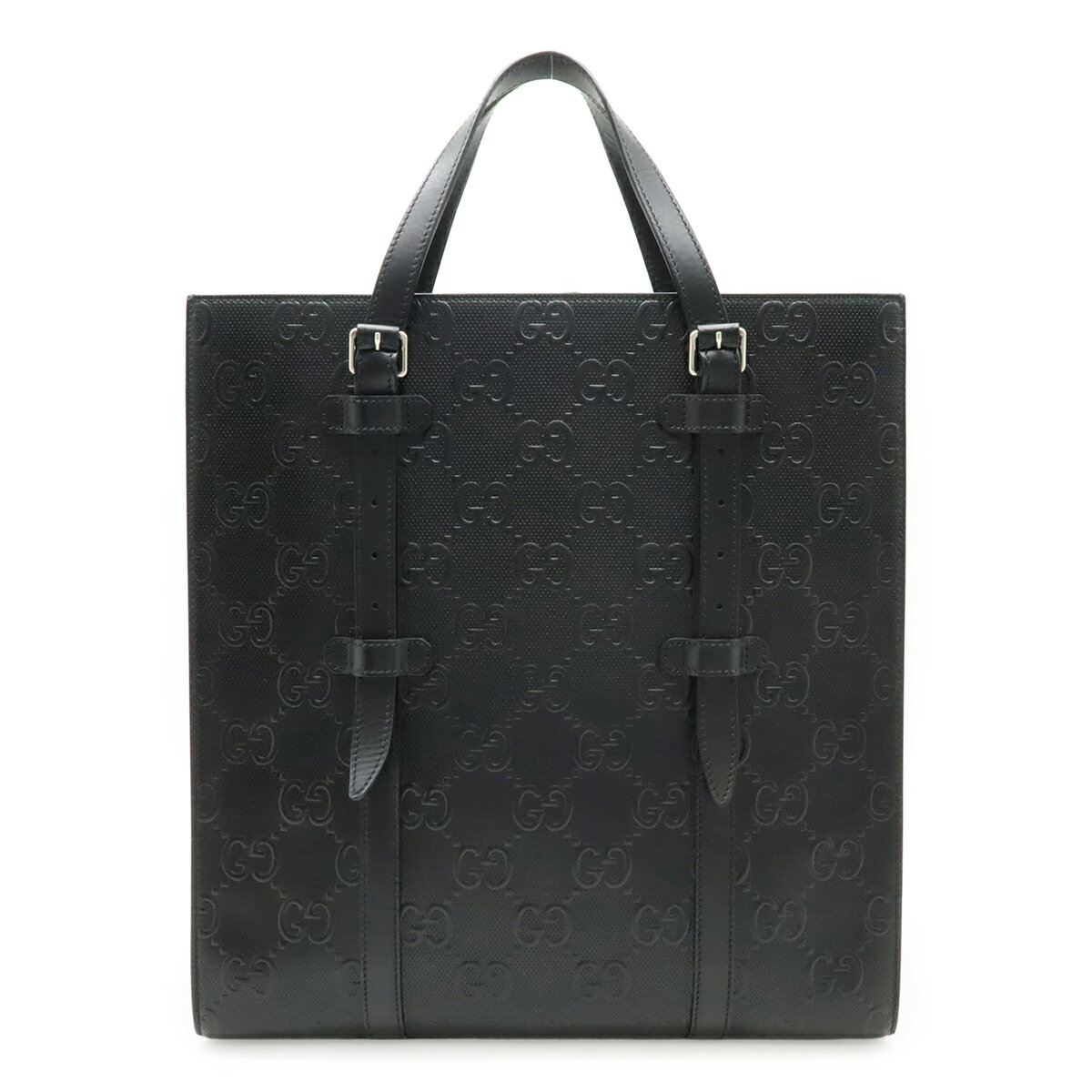 GUCCI グッチ GGエンボス トートバッグ 縦長 レザー ブラック 黒 シルバー金具 700421 【中古】