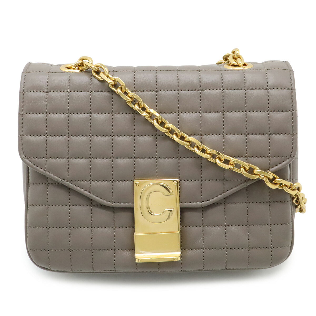 CELINE セリーヌ モール C セー スモール キルテッド チェーン ショルダーバッグ 斜め掛け カーフスキン レザー グレージュ ゴールド金具 188403 【中古】