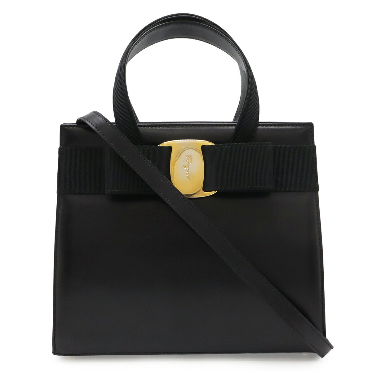 樂天商城 - Salvatore Ferragamo サルヴァトーレ フェラガモ ヴァラ ハンドバッグ 2WAY ショルダーバッグ レザー ブラック 黒 ゴールド金具 BA214178 【中古】