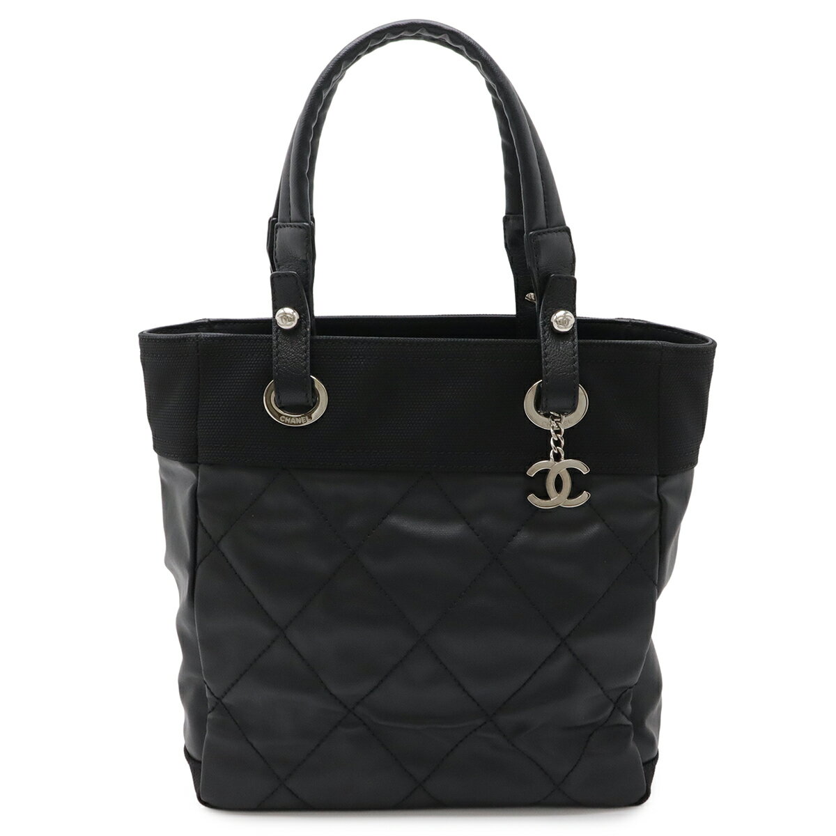 CHANEL シャネル パリビアリッツ トートPM トートバッグ ショルダーバッグ コーティングキャンバス レザー ブラック 黒 シルバー金具 A34208 【中古】