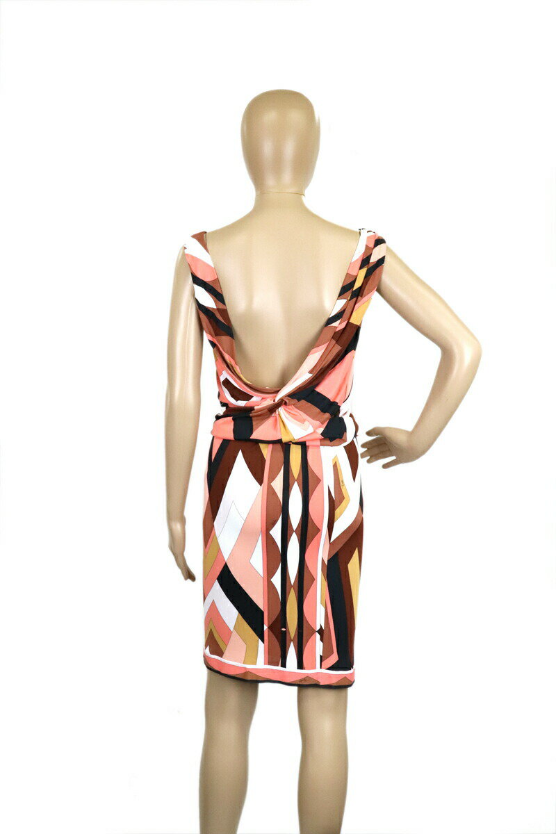 EMILIO PUCCI エミリオ プッチ ワンピース プッチ柄 ノースリーブ レーヨン サーモンピンク系マルチカラー #36 クリーニング済 【中古】