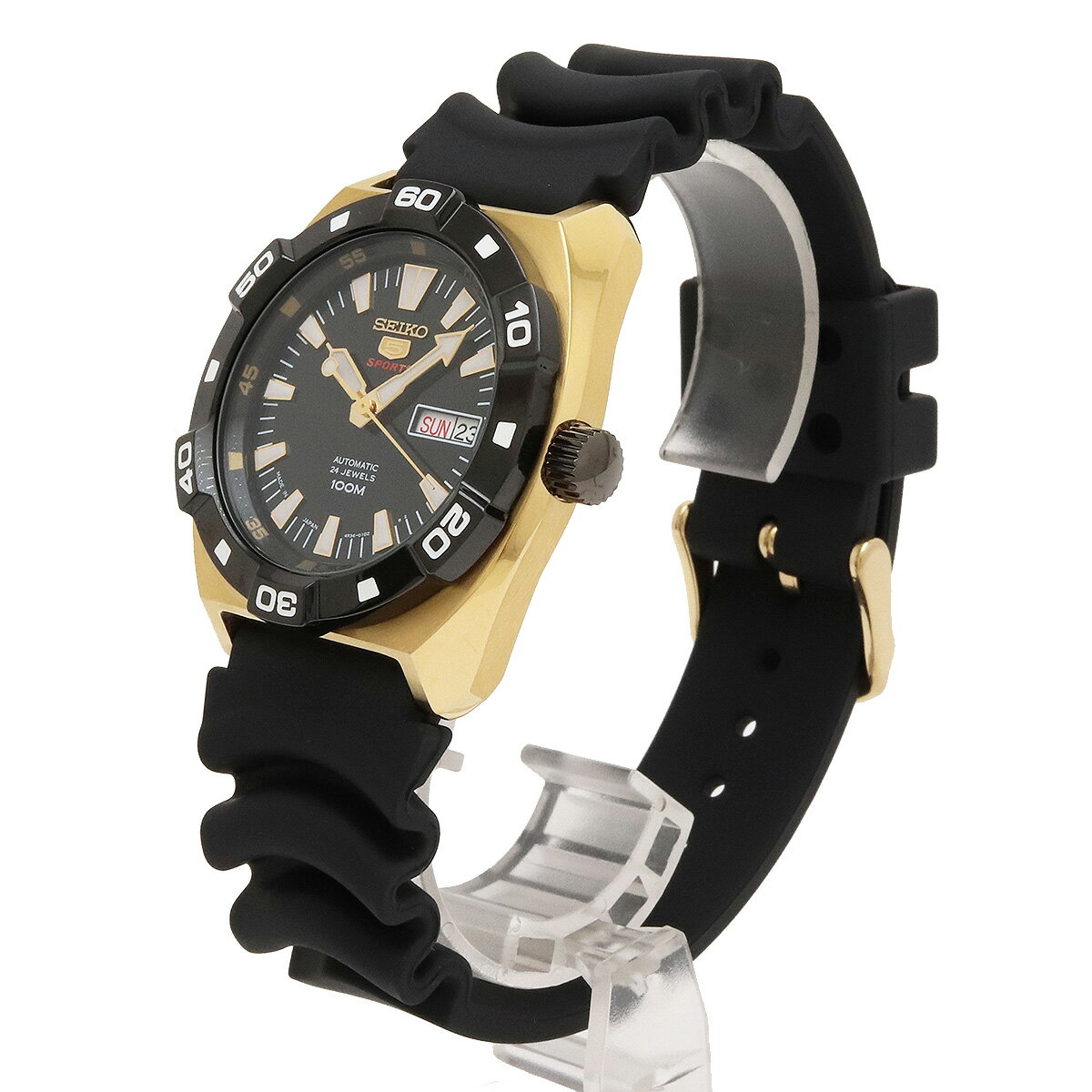 SEIKO セイコー セイコー5 スポーツ デイデイト ブラック文字盤 GP ラバー 裏スケルトン メンズ オートマ 腕時計 SRP288J1 4R36-01C0 【中古】