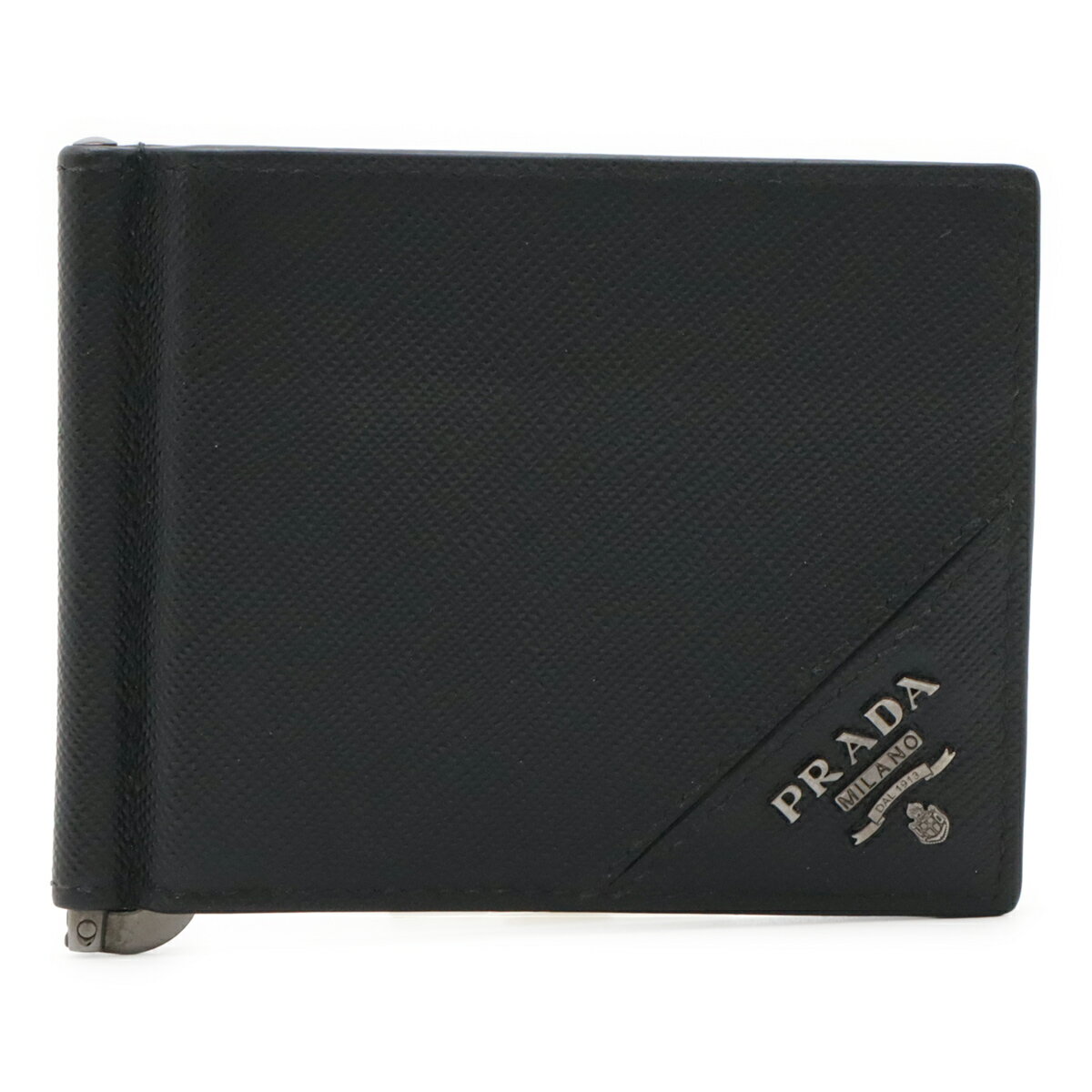 Rakuten - PRADA プラダ ロゴ 2つ折札入れ 二つ折り財布 マネークリップ式 ビルクリップ レザー NERO 黒 ブラック シルバー金具 2MN077 【中古】