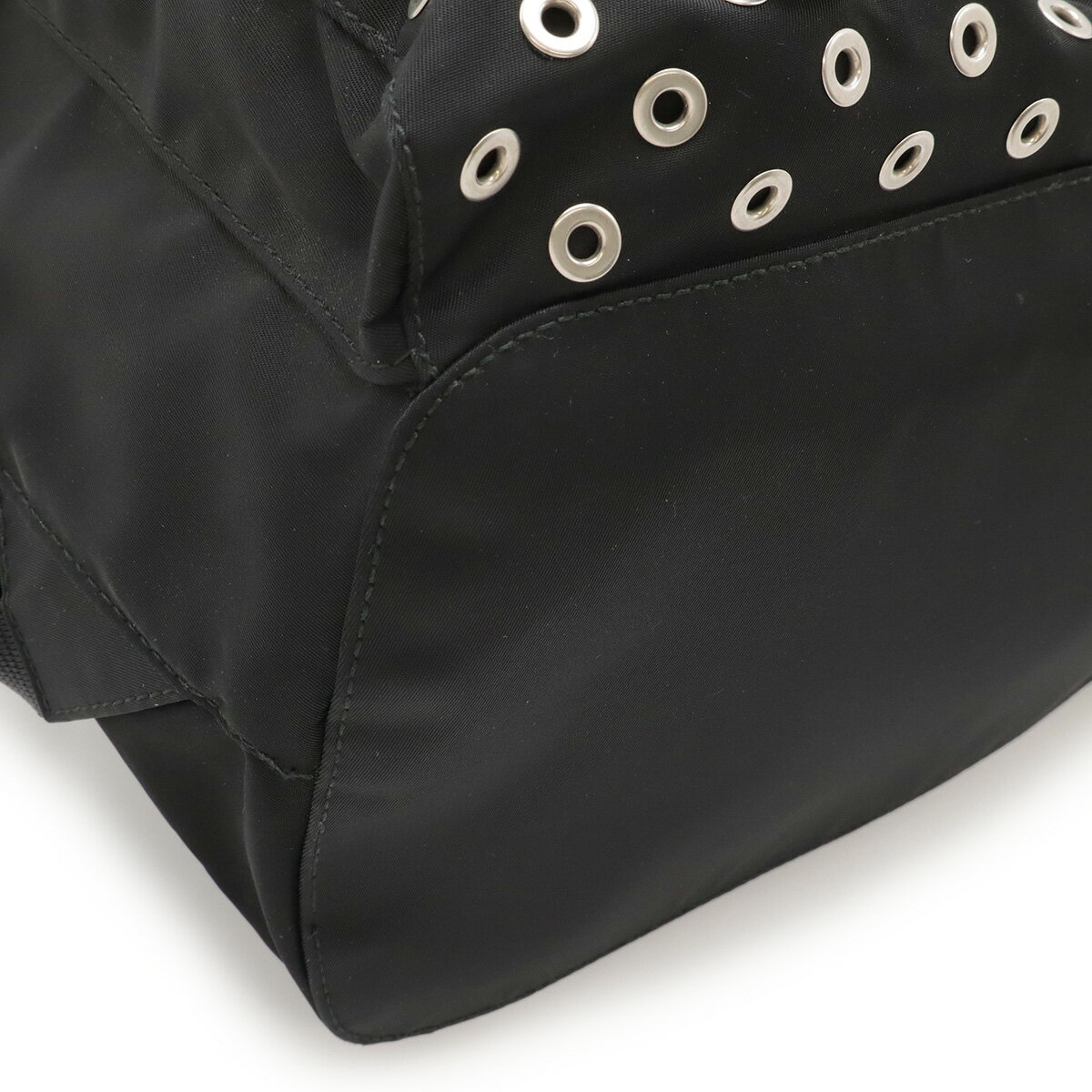 PRADA プラダ グロメット トライアングルロゴ バックパック リュックサック パンチング ナイロン レザー NERO 黒 ブラック シルバー金具 1BZ811 【中古】