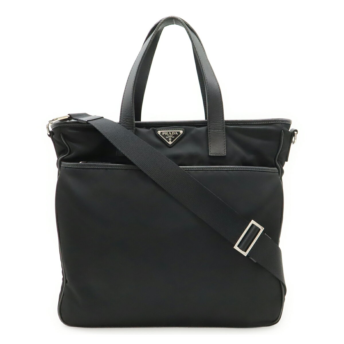 Rakuten - PRADA プラダ トライアングルロゴ トートバッグ 2WAY ショルダーバッグ 斜め掛け ナイロン レザー ブラック 黒 シルバー金具 2VG032 【中古】