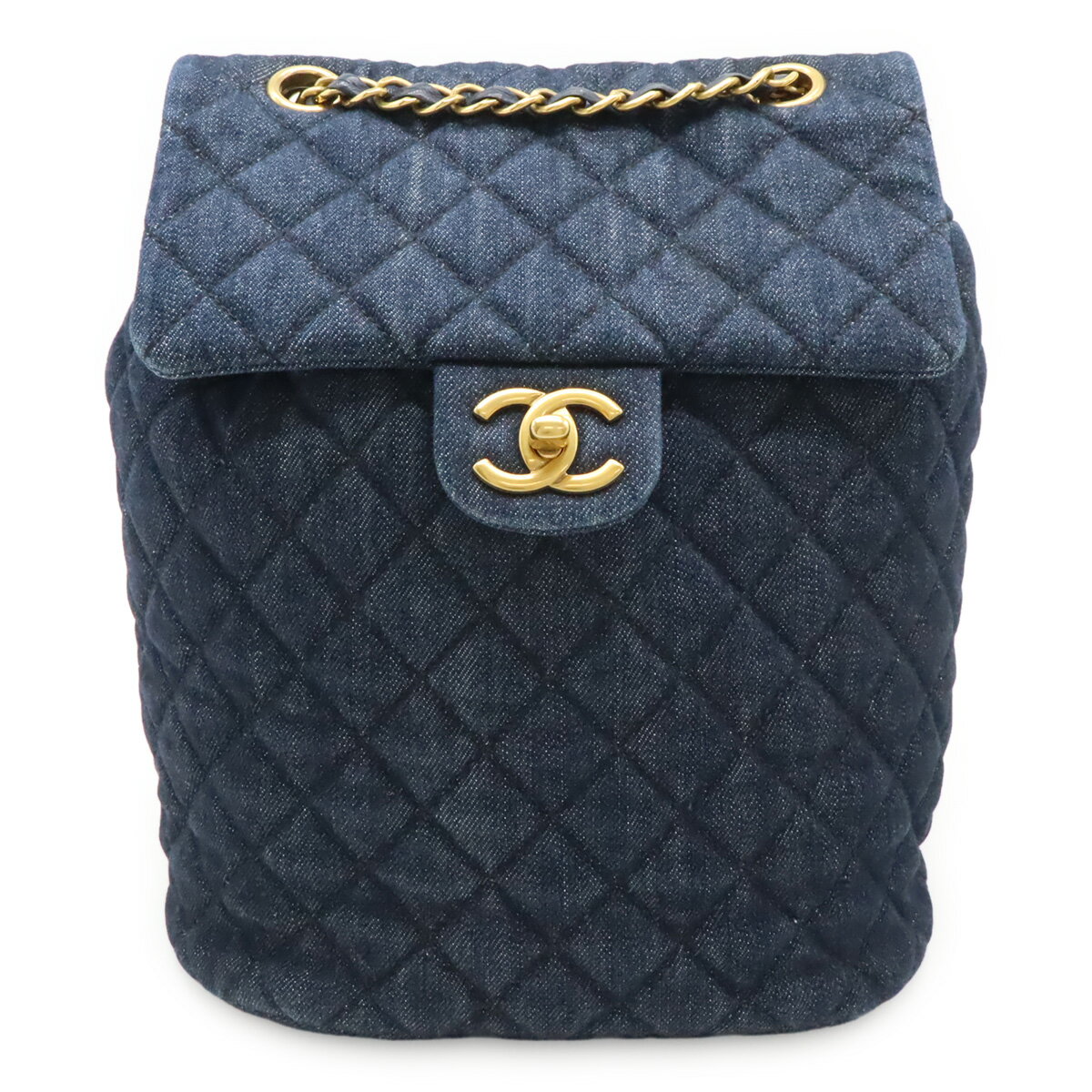 Rakuten - CHANEL シャネル マトラッセ ココマーク チェーンショルダー バックパック リュックサック デニム レザー ネイビー 紺 ゴールド金具 【中古】