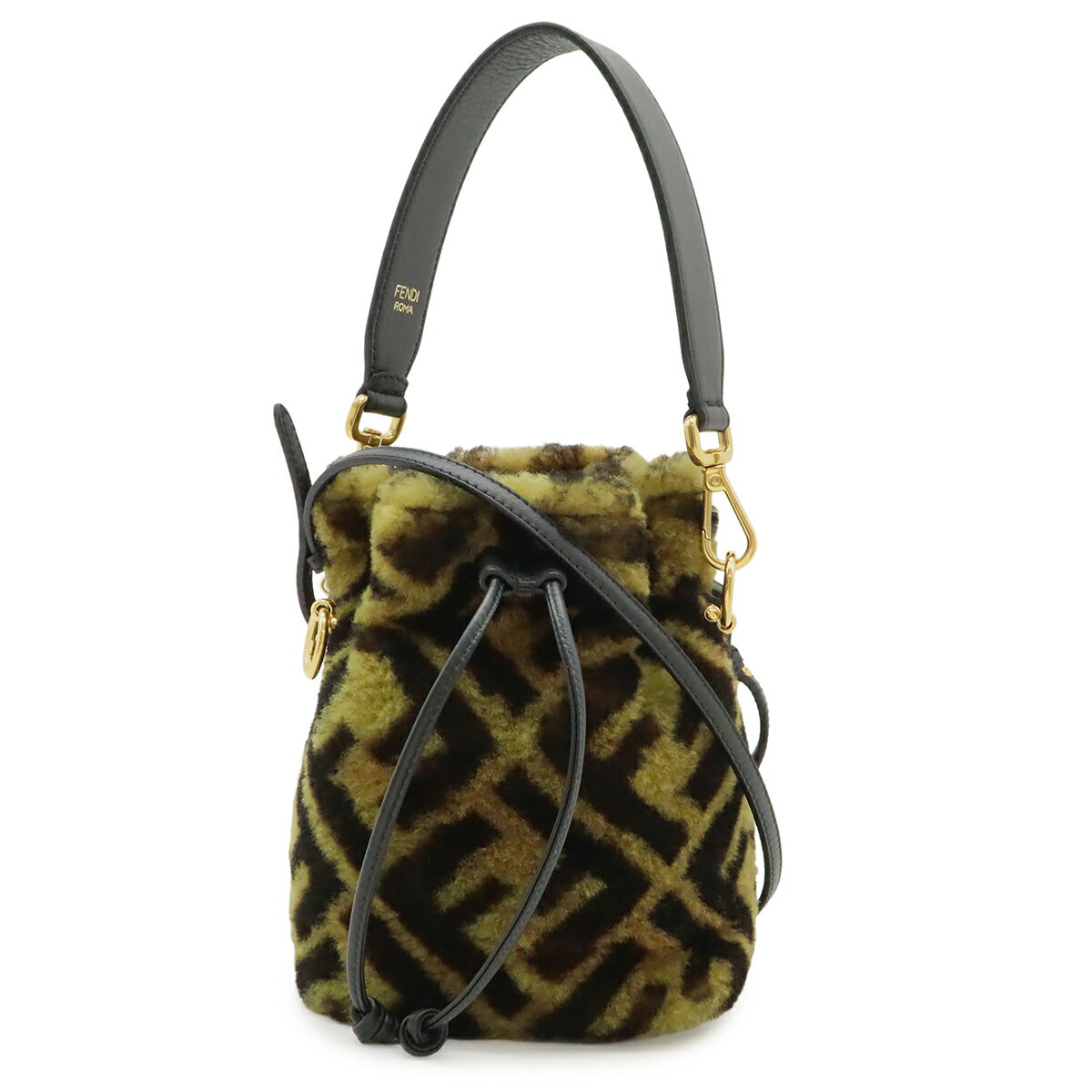乐天商城 - FENDI フェンディ ズッカ モントレゾール ミニ バケットバッグ ショルダーバッグ セミショルダー 巾着バッグ ファー レザー ブラウン 8BS010 【中古】