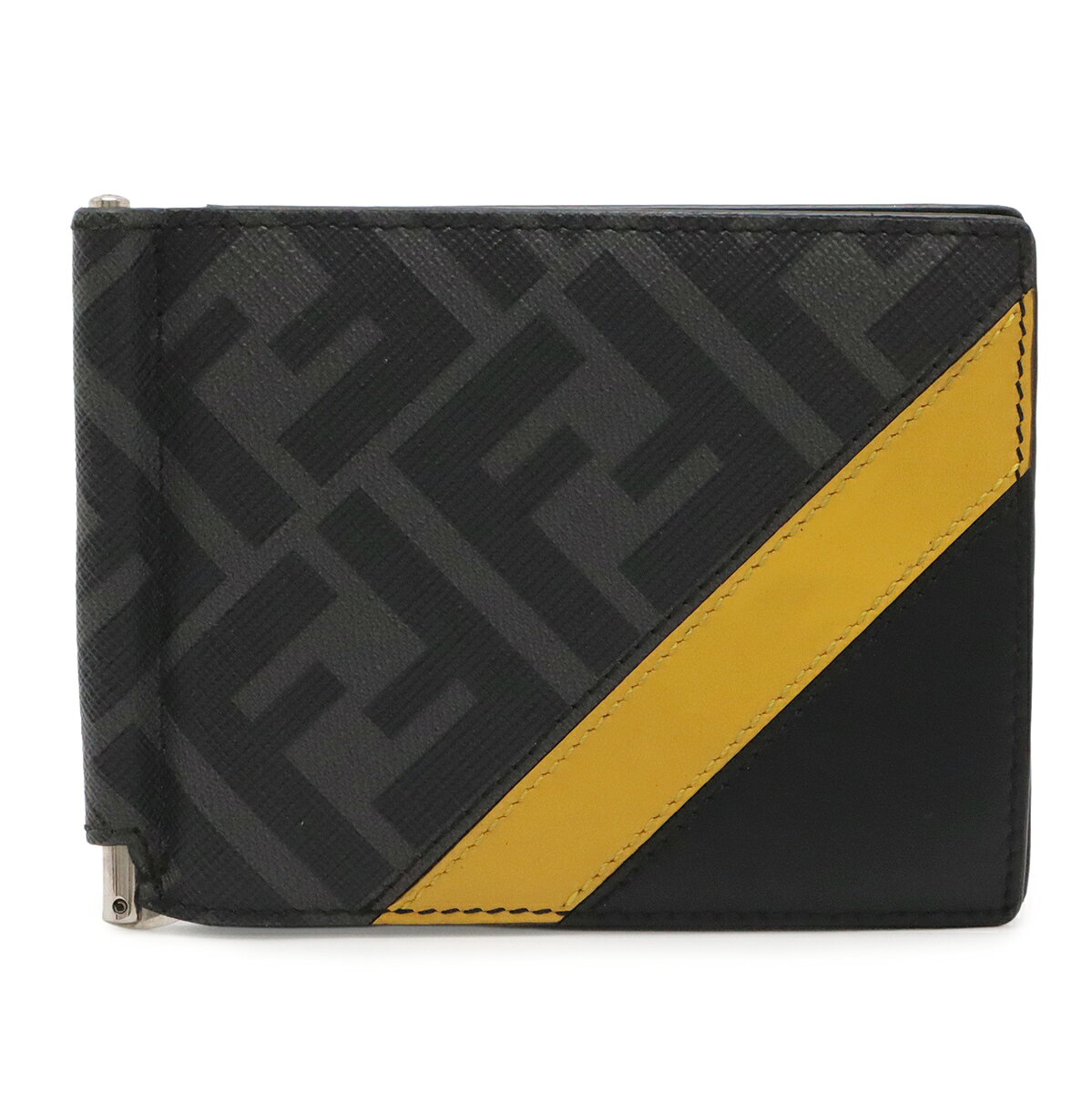 FENDI フェンディ ダイアゴナル ズッカ柄 FFロゴ 2つ折り札入れ 二つ折り財布 マネークリップ カードケース PVC レザー ブラック イエロー 7M0281 