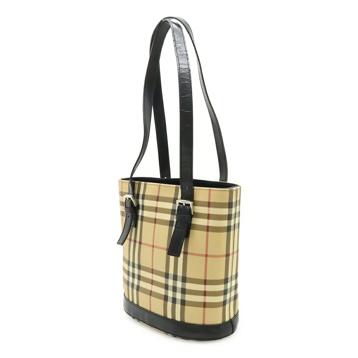 BURBERRY バーバリー ノバチェック チェック柄 バケツ型 トートバッグ ショルダーバッグ PVC レザー ベージュ ブラ blumin-10351841 ブルーミン/森田質店 サンプル画像2
