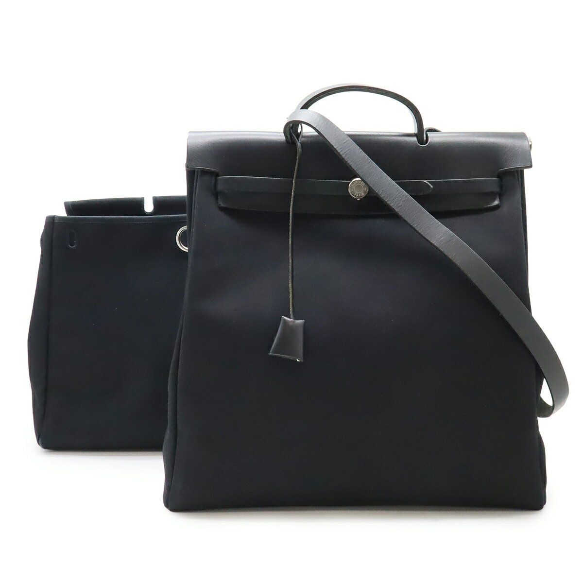 乐天商城 - HERMES エルメス エールバッグMM ショルダーバッグ ポシェット キャンバス レザー ブラック 黒 シルバー金具 □E刻印 【中古】