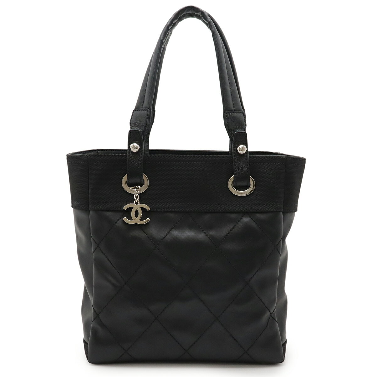 CHANEL - CHANEL シャネル パリビアリッツ トートPM トートバッグ ショルダーバッグ コーティングキャンバス レザー ブラック 黒 シルバー金具 A34208 【中古】