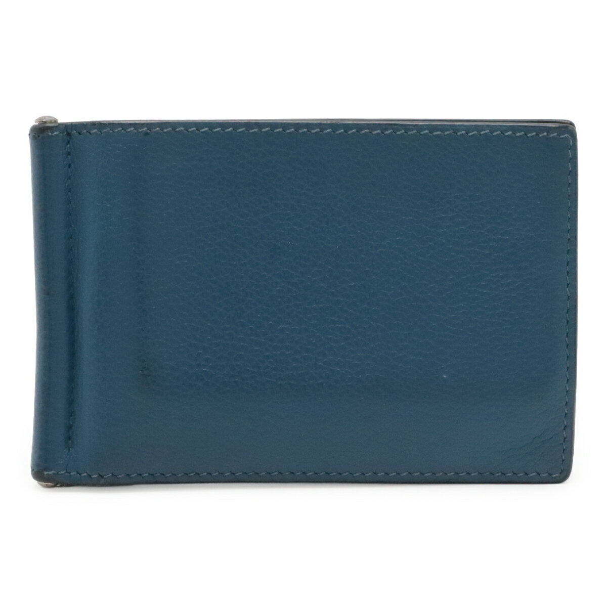 N - HERMES エルメス ポーカー 2つ折札入れ 二つ折り財布 マネークリップ式 ビルクリップ ヴォーエプソン レザー ピーコックブルー系 シルバー金具 【中古】