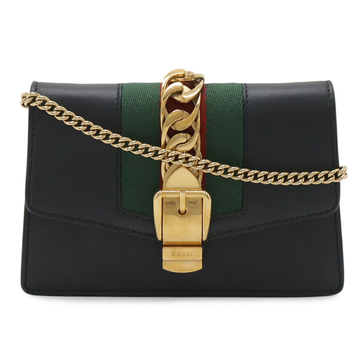 樂天商城 - GUCCI グッチ シルヴィ ウェブライン ミニチェーンショルダーバッグ ポシェット 2WAY クラッチバッグ レザー ブラック 黒 ゴールド金具 494646 【中古】