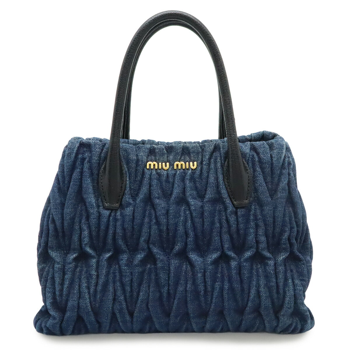 Miu Miu ミュウ ミュウ ミュウミュウ マテラッセ ハンドバッグ ミニバッグ ギャザー デニム レザー ブルー 青 ゴールド金具 5BG069 【中古】