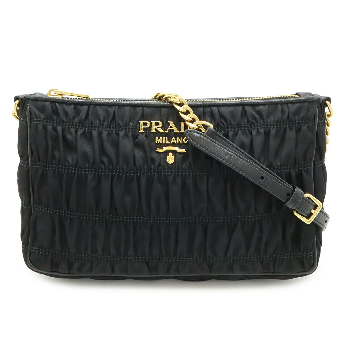 Rakuten - PRADA プラダ ギャザー ショルダーバッグ ポシェット チェーンショルダー 斜め掛け ナイロン レザー NERO 黒 ブラック ゴールド金具 1BH152 【中古】