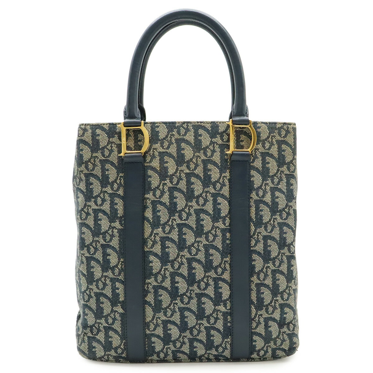 Christian Dior クリスチャン ディオール トロッター ハンドバッグ トートバッグ ジャガードキャンバス レザー ネイビー 紺 ゴールド金具 【中古】