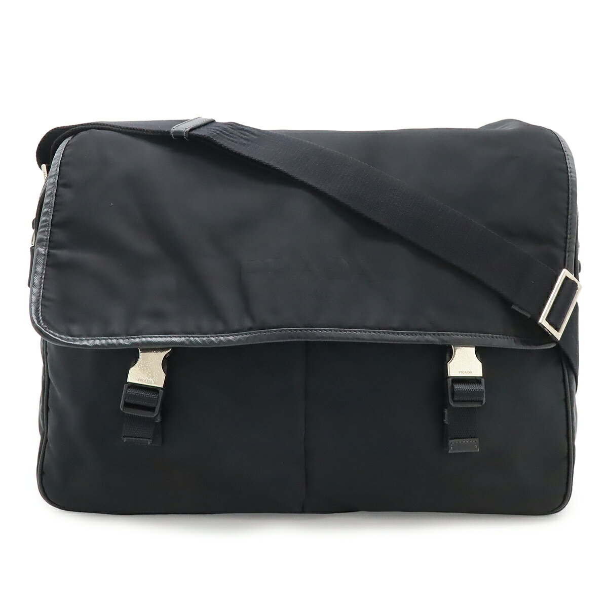 PRADA - PRADA プラダ ショルダーバッグ メッセンジャーバッグ 斜め掛け ナイロン レザー NERO 黒 ブラック シルバー金具 【中古】