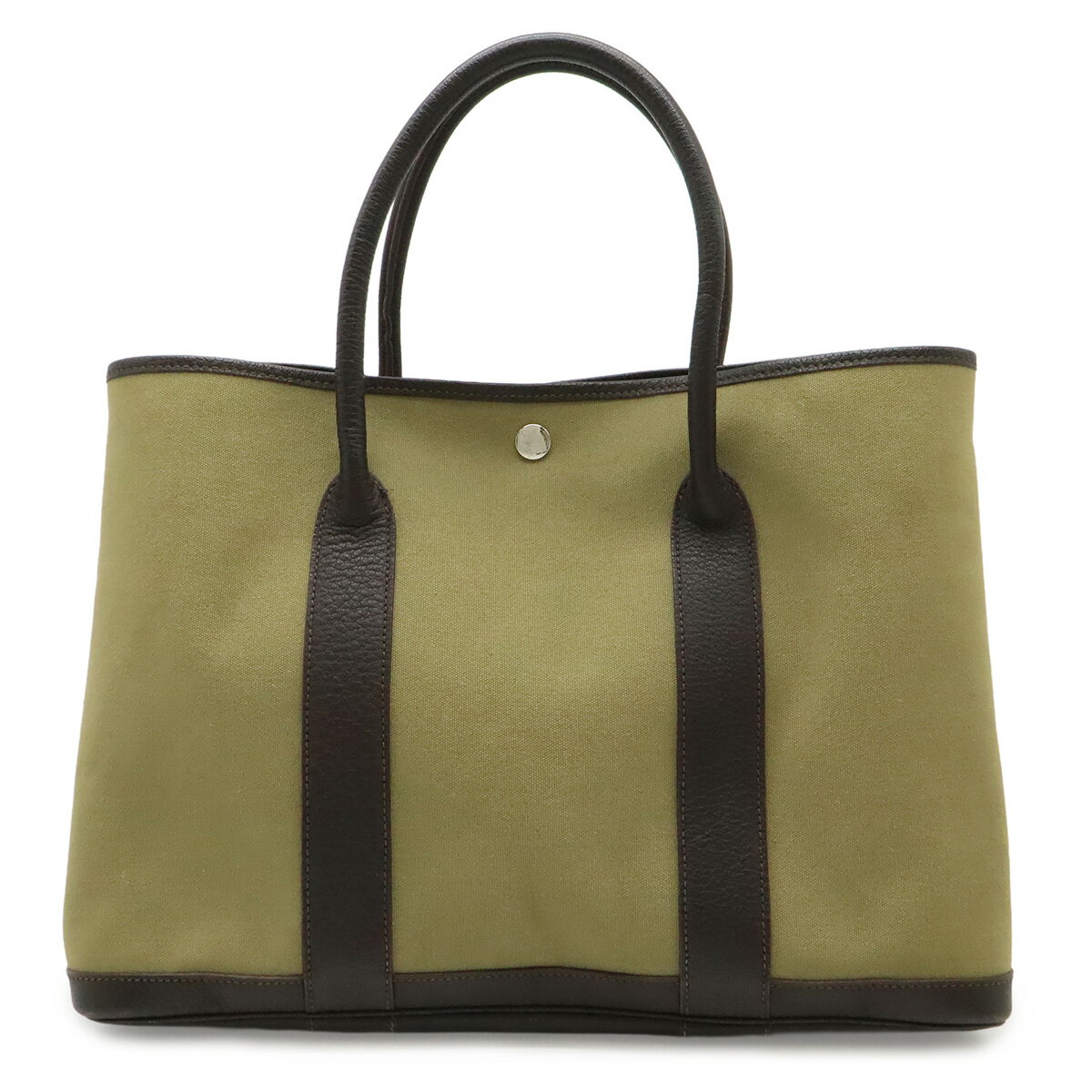 Rakuten - HERMES エルメス ガーデンパーティPM トートバッグ ハンドバッグ キャンバス レザー カーキ ダークブラウン シルバー金具 □P刻印 【中古】