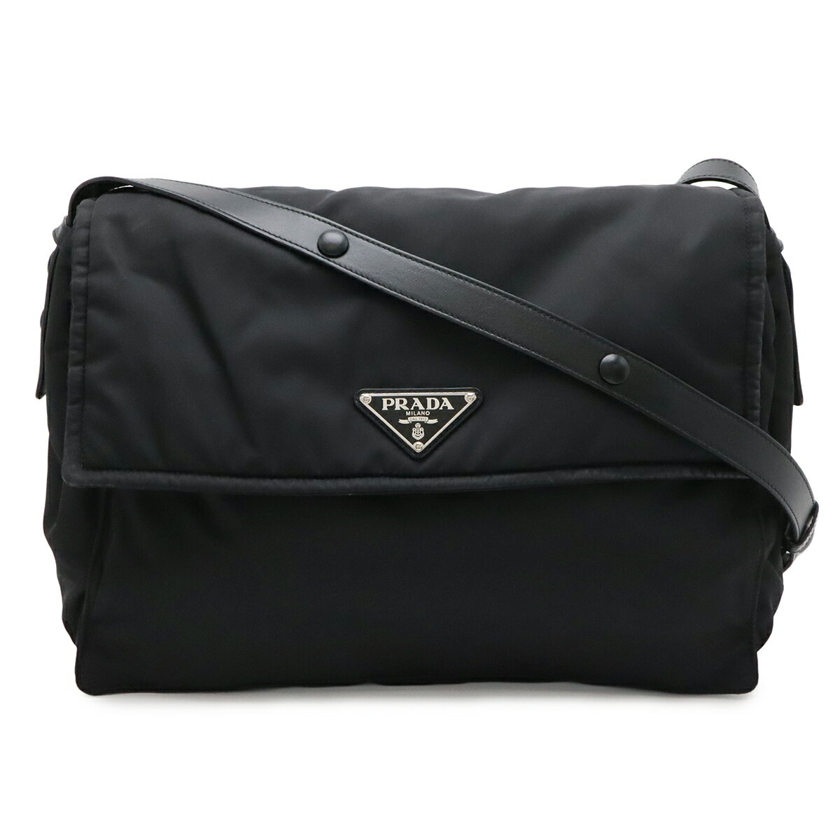 乐天商城 - PRADA プラダ Re-Nylon リナイロン トライアングル パデッド ショルダーバッグ メッセンジャーバッグ 斜め掛け レザー NERO 黒 ブラック 1BD256 【中古】