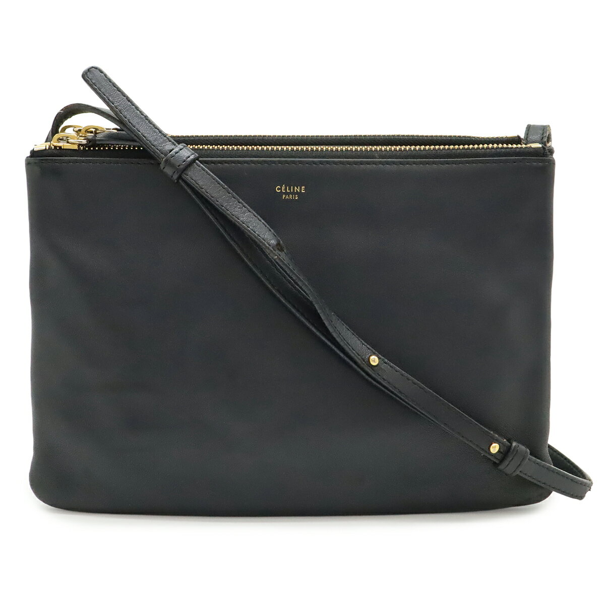 CELINE セリーヌ トリオ ラージ ショルダーバッグ ポシェット 斜め掛け ポーチ レザー ブラック 黒 ゴールド金具 171453 【中古】