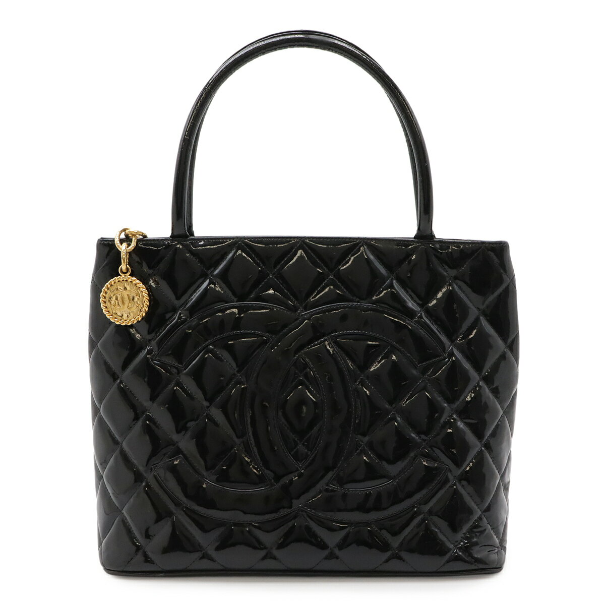 CHANEL - CHANEL シャネル マトラッセ ココマーク 復刻トート トートバッグ ショルダーバッグ エナメル レザー ブラック 黒 ゴールド金具 A01804 【中古】