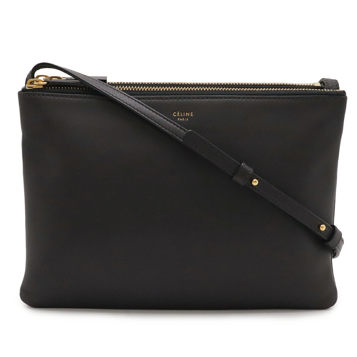 樂天商城 - CELINE セリーヌ トリオ ラージ ショルダーバッグ ポシェット 斜め掛け ポーチ レザー グレー ゴールド金具 171453 【中古】