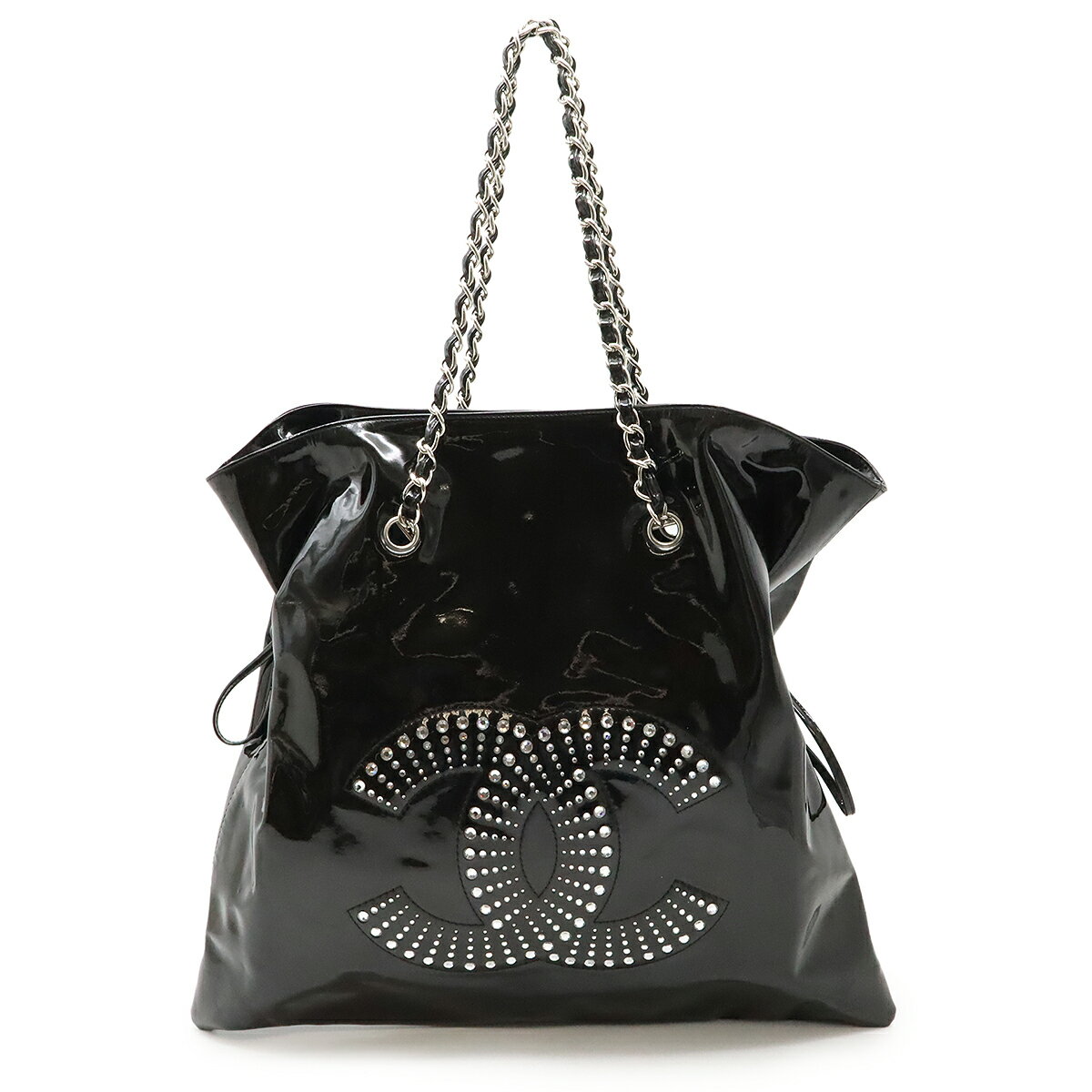 CHANEL シャネル ストラスCC ボンボンチェーントート ココマーク チェーンショルダー ショルダーバッグ エナメル ブラック シルバー金具 A47741 【中古】