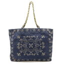 CHANEL シャネル ココマーク トートバッグ チェーンショルダー コットン ブルー 青 ホワイト 白 ゴールド金具 【中古】