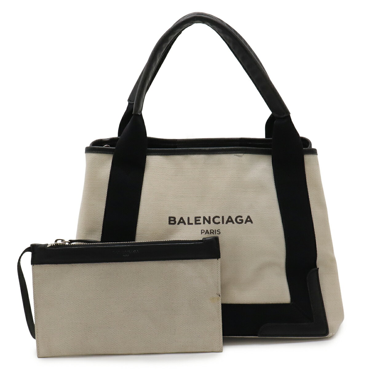 BALENCIAGA - BALENCIAGA バレンシアガ ネイビーカバス S ロゴ トートバッグ ハンドバッグ キャンバス レザー ナチュラル ブラック 黒 ポーチ付き 339933 【中古】
