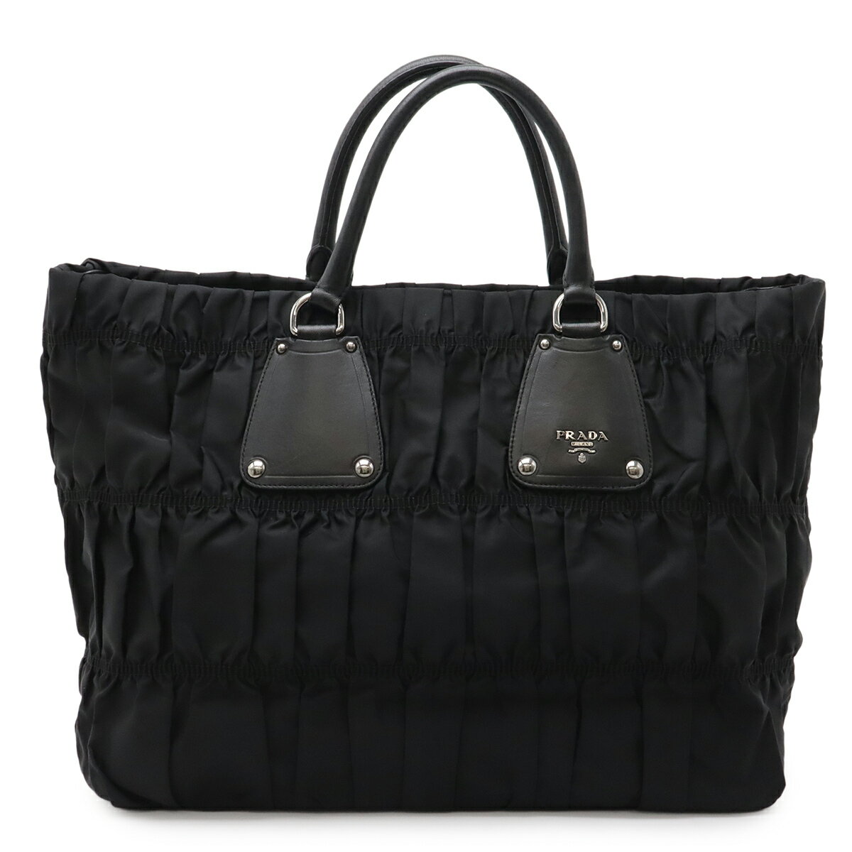 PRADA プラダ ギャザー トートバッグ ラージトート ハンドバッグ ナイロン レザー NERO 黒 ブラック シルバー金具 国内ブティック購入品 BN1232 【中古】