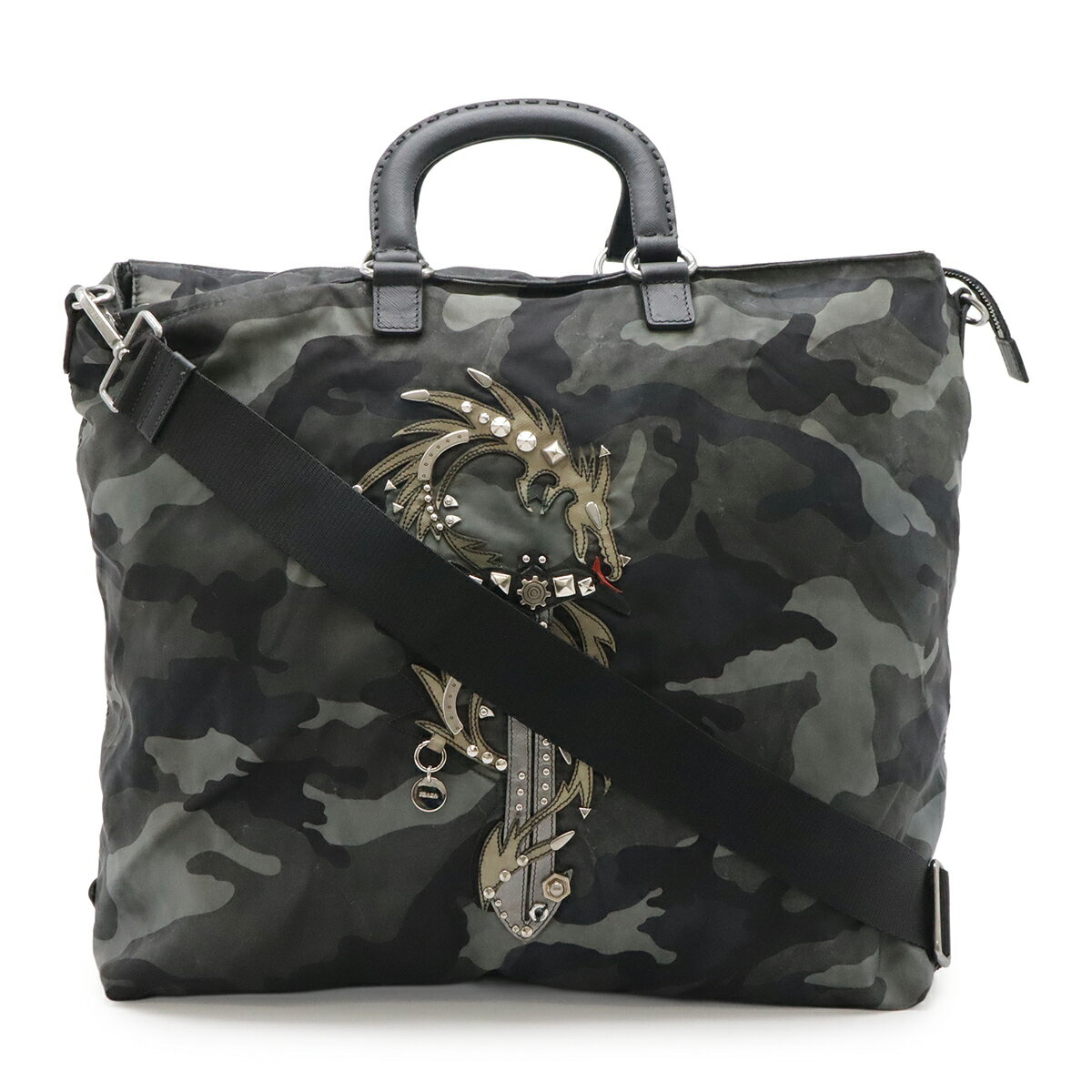 PRADA プラダ トートバッグ ラージトート 2WAY ショルダーバッグ ドラゴン 龍 カモフラージュ 迷彩柄 ナイロン FUMO グリーン系マルチカラー VA889 【中古】
