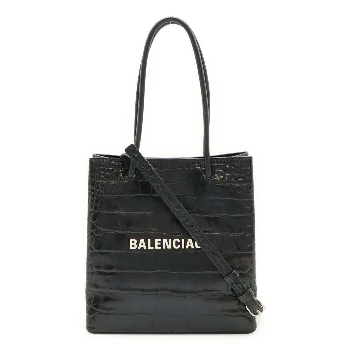 BALENCIAGA - BALENCIAGA バレンシアガ ロゴ ショッピングトート XXS トートバッグ ハンドバッグ 2WAY ショルダー クロコ型押し レザー ブラック 黒 597858 【中古】