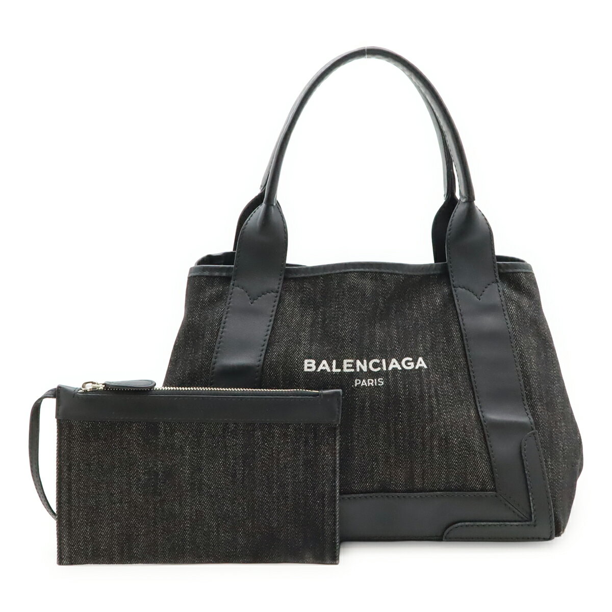 BALENCIAGA バレンシアガ ネイビーカバス S スモール ロゴ ハンドバッグ トートバッグ デニム レザー ブラック 黒 ポーチ付き 339933 【中古】