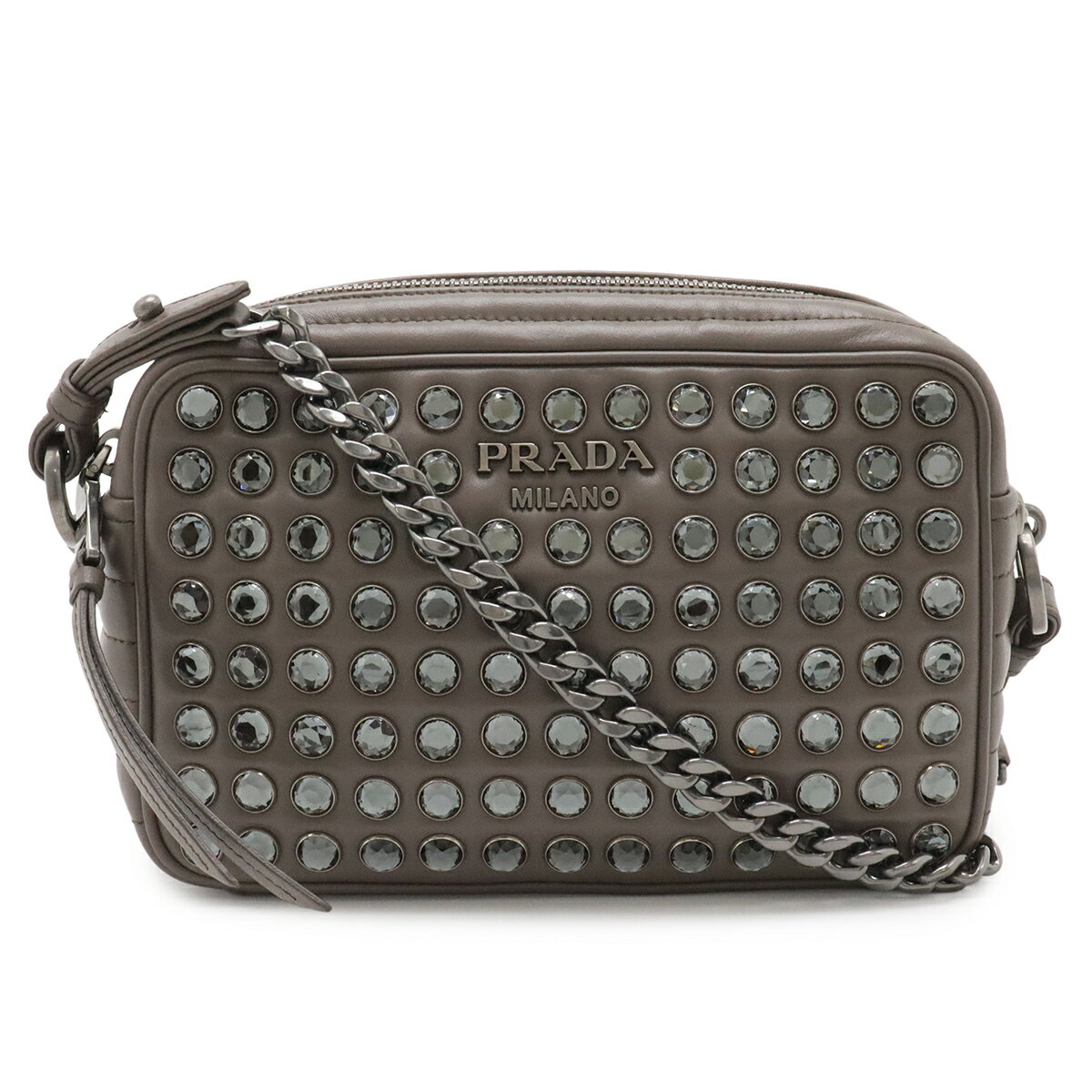 PRADA プラダ VITELLO PHENIX ラインストーン ショルダーバッグ 斜め掛け 2WAY クラッチバッグ レザー グレージュ 海外ブティック購入品 1BH103 【中古】