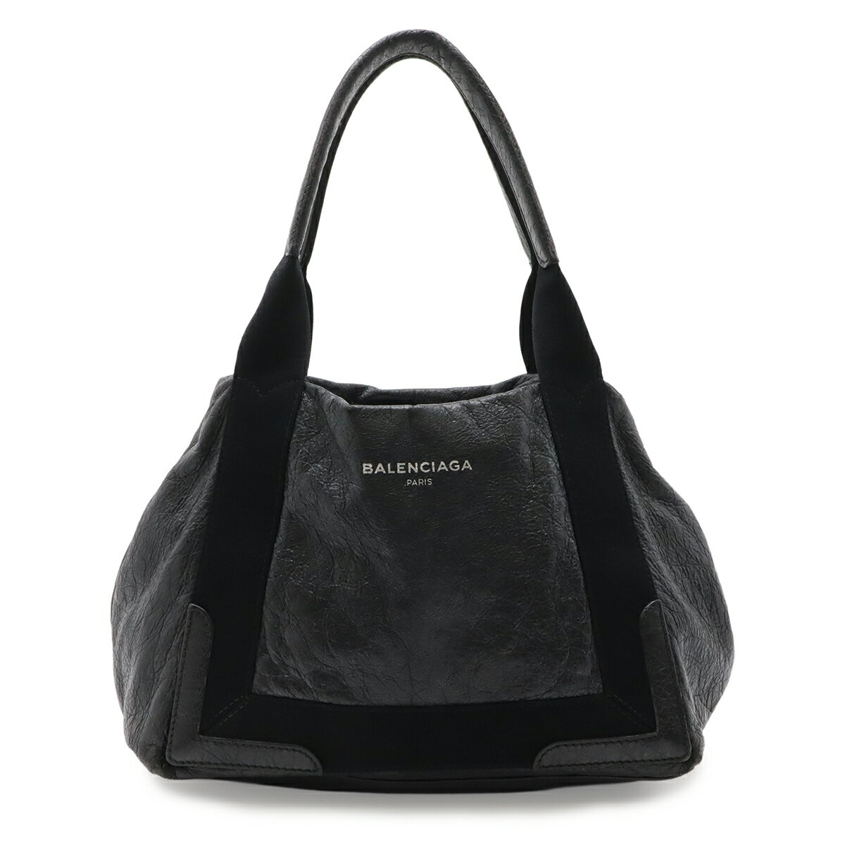 BALENCIAGA - BALENCIAGA バレンシアガ ネイビーカバス S ロゴ シワ加工 トートバッグ ハンドバッグ レザー ブラック 黒 339933 【中古】