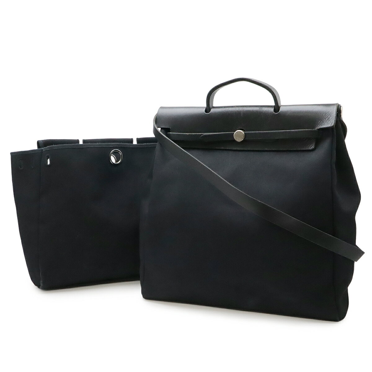 Rakuten - HERMES エルメス エールバッグMM ハンドバッグ 2WAY ショルダーバッグ セミショルダー トワルオフィシエ キャンバス レザー ブラック 黒 □C刻印 【中古】