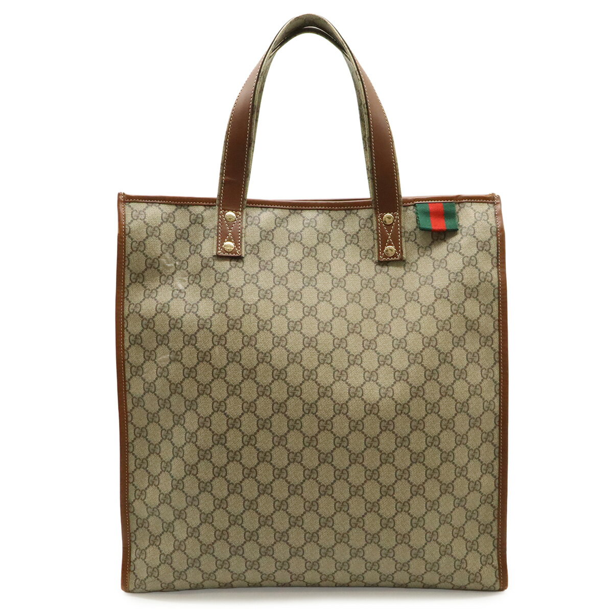 GUCCI - GUCCI グッチ GGスプリーム トートバッグ ショルダーバッグ 縦長 PVC レザー ホワイト 白 ブラウン 茶 ゴールド金具 233081 【中古】