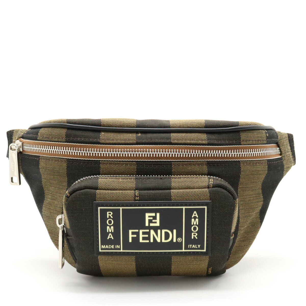 【バッグ】FENDI フェンディ ペカン ストライプ ボディバッグ ウエストポーチ ウエストバッグ キャンバス カーキブラウン ブラック 黒 7VA446 【中古】