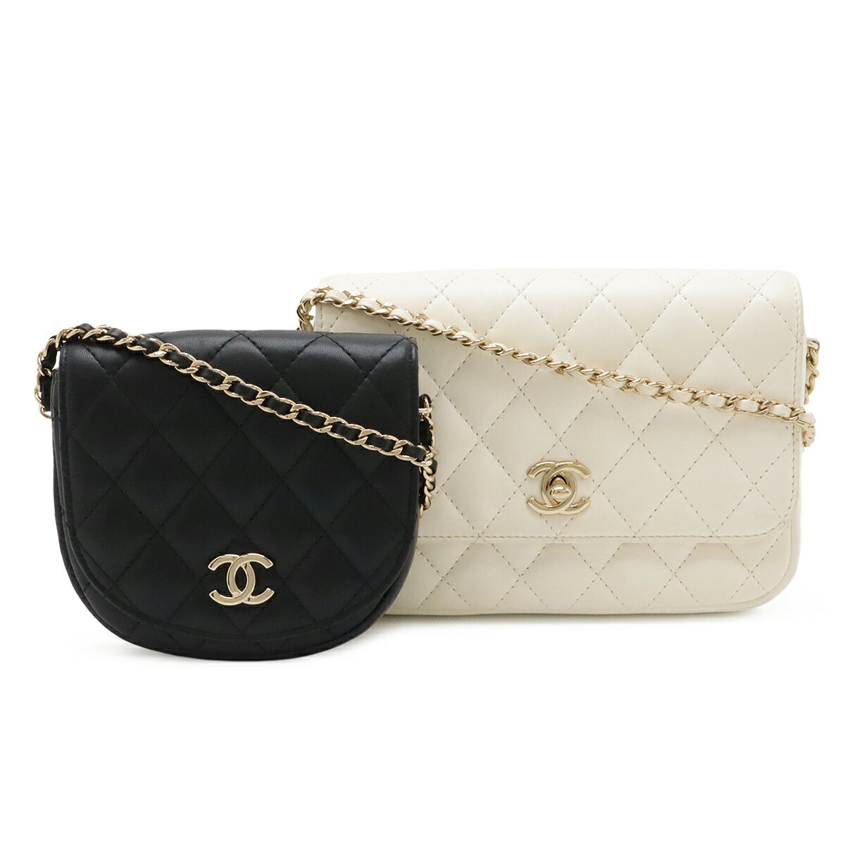 Rakuten - CHANEL シャネル マトラッセ サイドパック チェーンショルダー ツインショルダー ショルダーバッグ ポシェット レザー アイボリー ブラック AS0545 【中古】
