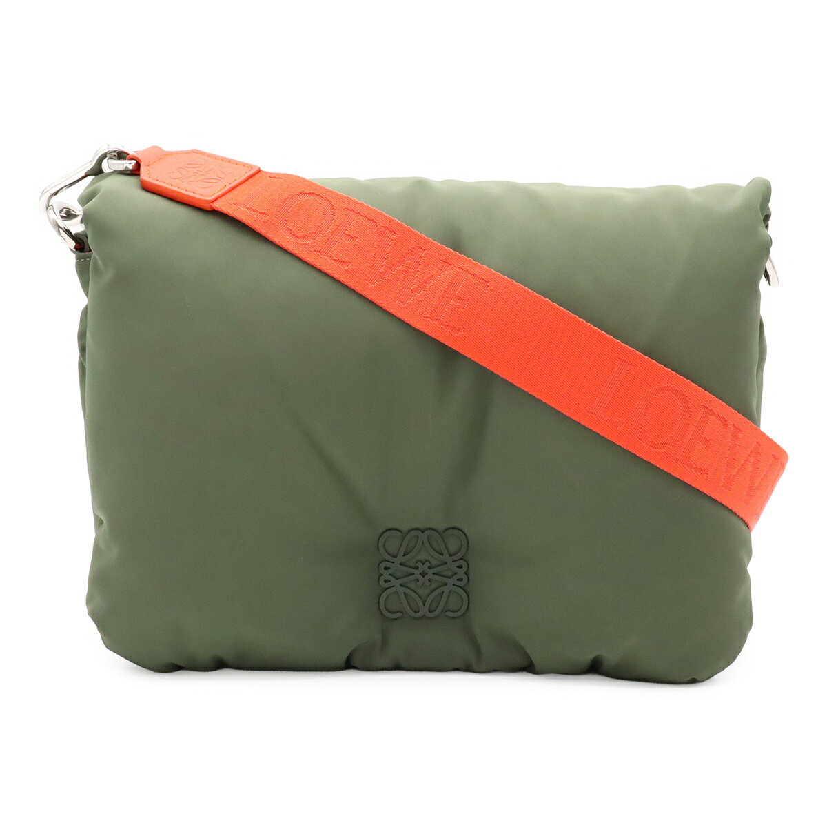 LOEWE ロエベ アナグラム パファー ゴヤバッグ ショルダーバッグ メッセンジャーバッグ ナイロン カーキグリーン オレンジ シルバー金具 B896G22X01 【中古】