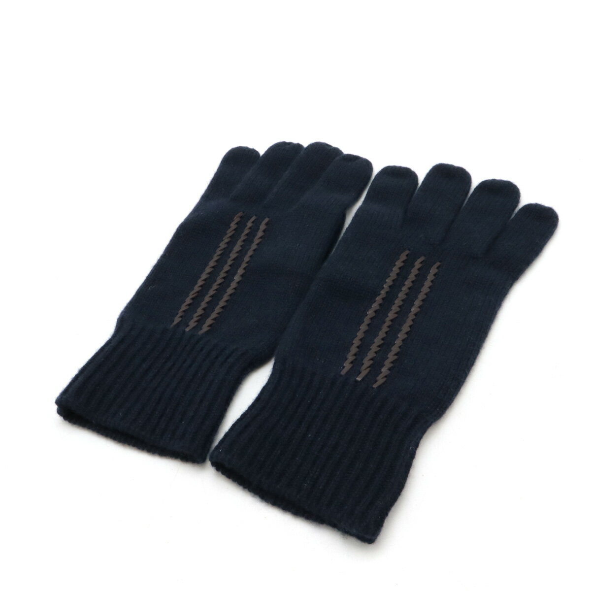 HERMES エルメス グローブ 手袋 ニット ネイビー 紺 ダークブラウン 茶 カシミヤ100% レザー #L 【中古】